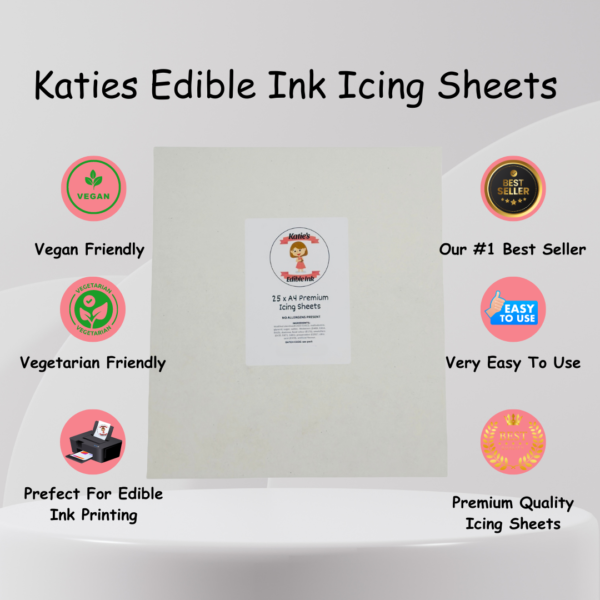 Katie’s Edible Ink Icing Sheets - 25 plain white  Premium Quality A4 sheets -1220g - Edible Paper For Printing
