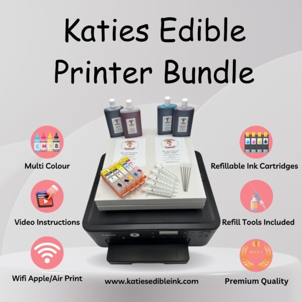Katie's Edible Ink Canon TS705a Printer Kit -  Refillable Ink Cartridges,Wafer Paper And 25 Icing Sheets Included